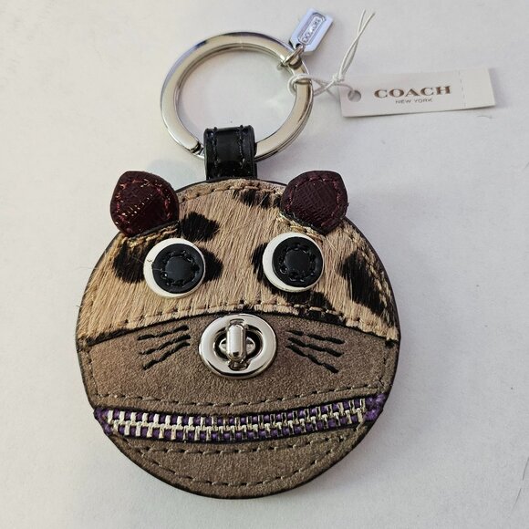 COACH CAT LEOPARD OCELOT ZIPPERED SUEDE LEATHER KEY CHAIN KEY RING FOB - F62982 - Picture 1 of 2